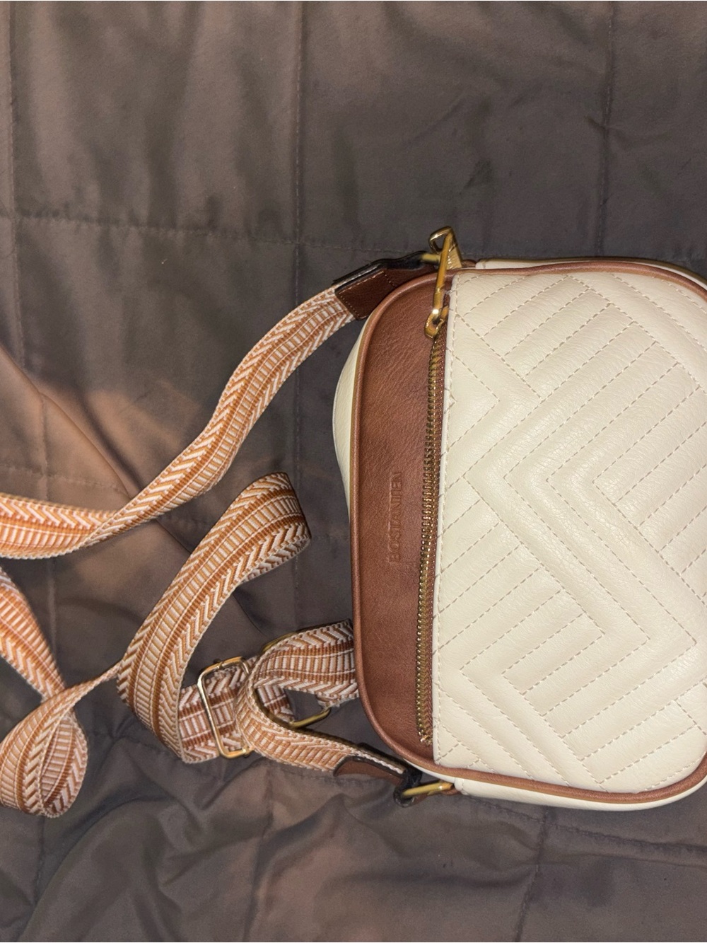 Steve Madden Cream and Brown Quilted Crossbody with Patterned Strap